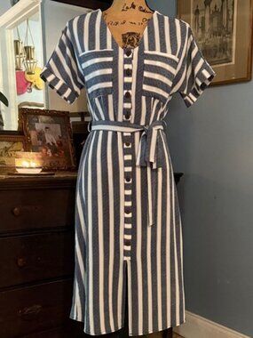 Monteau Navy Blue and White Striped Belted Button Up Dress